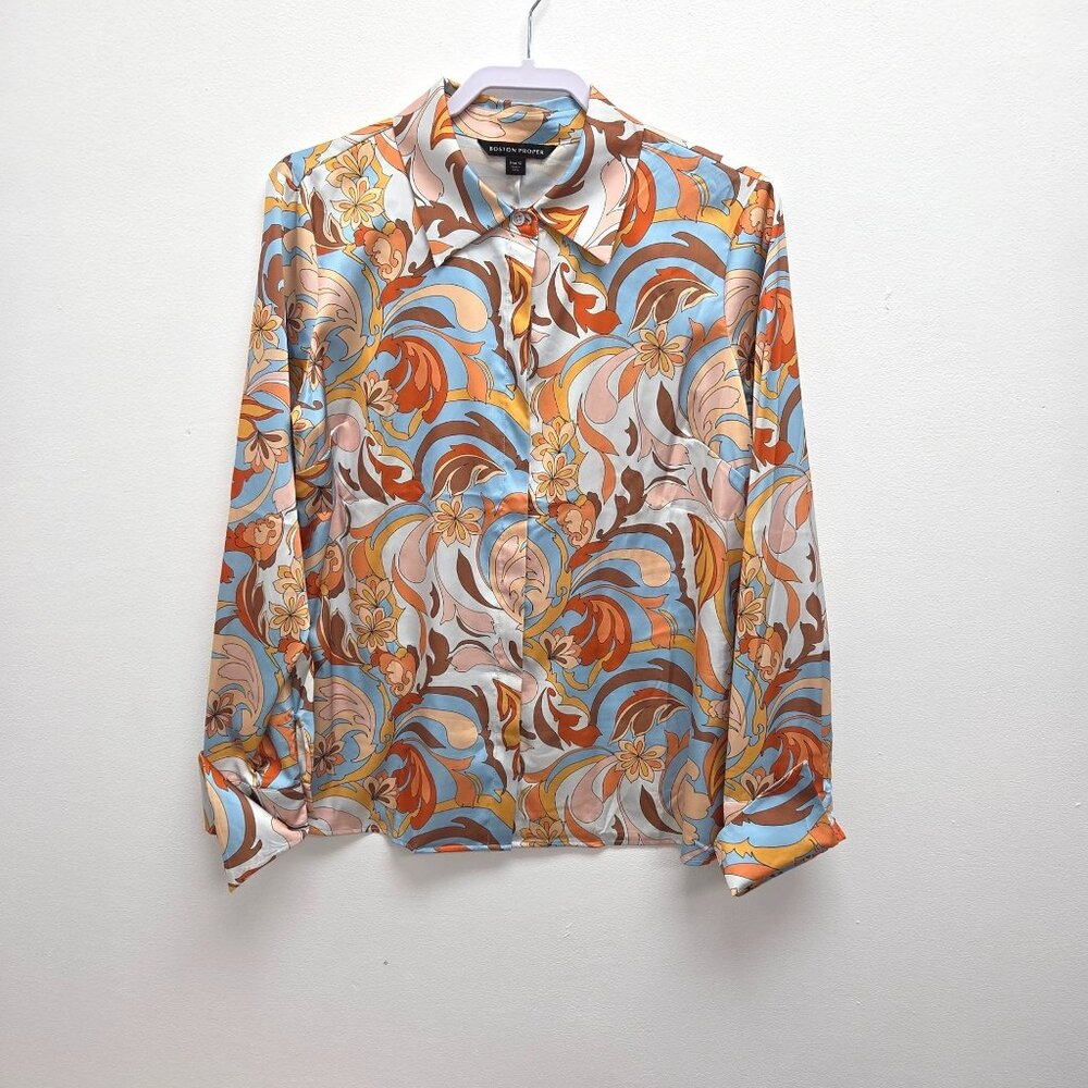 Boston Proper Size 12 Folk Favorite Print Sophia Button-Up Charmeuse Blouse 4078